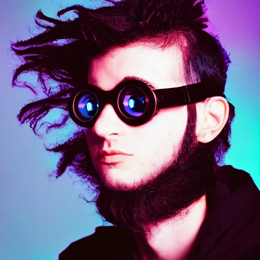 Image similar to kodak portra 1 6 0 photograph of a skinny nerdy goth guy with wild hair wearing goggles and eclectic jewelry, moody lighting, telephoto, 9 0 s vibe, rave background, vaporwave colors, faded!,