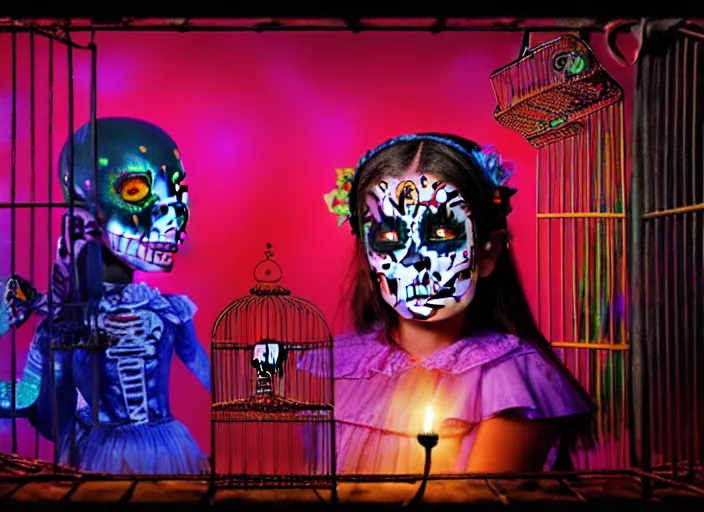 Prompt: a child wearing dia de los muertos costume sits in a cage, behind bars, during a laserium lasershow, whispers secrets to her alejbrie animal spirit. sharpe matte painting, lowbrow, pop surrealism art style, alebrijes aesthetic, contemporary art illustration, photography by steven curry, ultra real 8 k photography