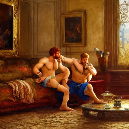 Image similar to attractive muscular mike with ginger hair with attractive tyler with brunet hair, drinking their hearts out, in their noble mansion. image defined to the maximum, highly detailed painting by gaston bussiere, craig mullins 8 k