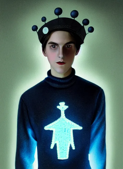 Image similar to portrait of teenage jughead jones wearing a light grey crown, crown, blue turtleneck, 1 9 5 0 s, closed eyes, photorealistic, black hair, glowing lighting, intricate, elegant, glowing lights, highly detailed, digital painting, artstation, concept art, smooth, sharp focus, illustration, art by wlop, mars ravelo and greg rutkowski