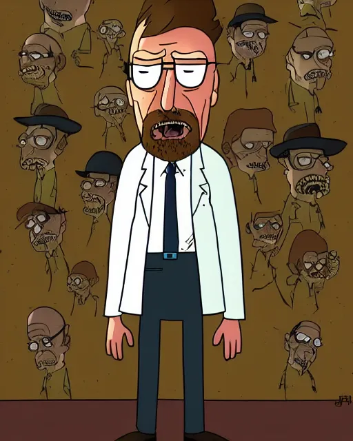 Image similar to portrait of walter white in the style of justin roiland. ugly, creepy, demonic, horror. cinematic lighting. style of rick & morty. photographic, photography. by justin roiland