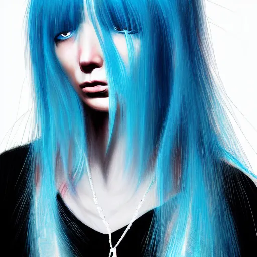 Image similar to full face shot of rimuru tempest, sky blue straight hair, long bangs, with amber eyes, wearing a black jacket, high collar, ultra detailed, concept art, award winning photography, digital painting, cinematic, wlop artstation, closeup, pixiv, evil, yoshitaka amano, andy warhol, ilya kuvshinov,