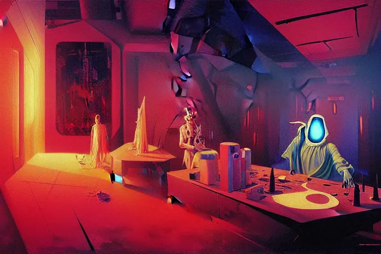 Prompt: a beautiful masterpiece painting of a technomancer wizard in robes with pointed hood discussing sentience with his synthesized AI djinn in his laboratory near a computer by Remedios Varo and Anato Finnstark and Greg Rutkowski, dayglo pink, dayglo blue, dazzle camouflage