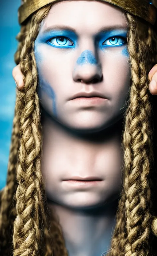 Prompt: photorealistic head and shoulders portrait of female viking warrior with large sad blue eyes, damaged, cinematic, anamorphic