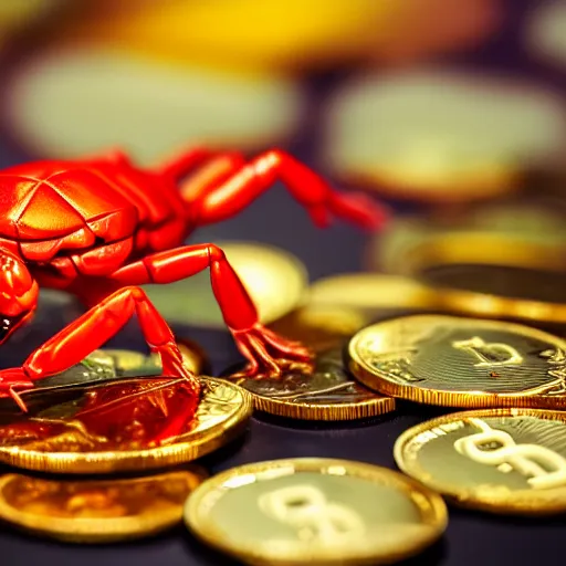 Image similar to photography of a realistic a very detailed red scorpion with yellow tail on top of cryptocurrency coins of different colors, some gems, a few diamonds animal, ultra detailed, 8 k, cinematic lighting, natural background, trending on artstation, pokemon