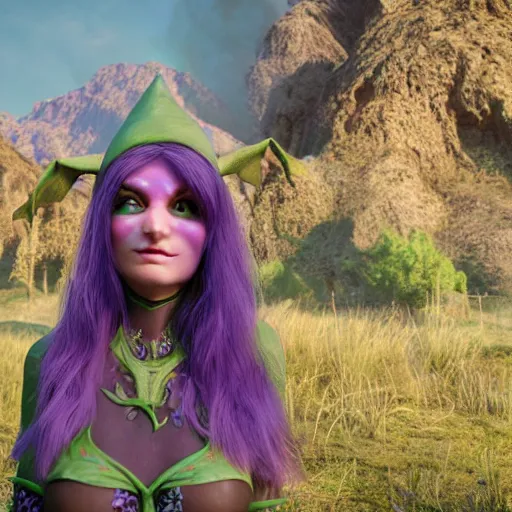 Image similar to a frightening, beautiful elf with violet skin, a scarred face, a bob haircut, and bushy eyebrows, grinning, with a burning vista behind them, in the style of gary frank and rafael albuqurque, rendered in unreal engine