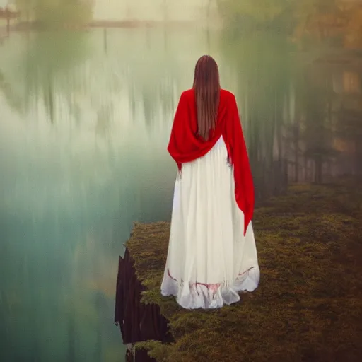 Image similar to a beautiful painting of a lady with white long hair and dressed with a red victorian cloak, seen from behind, standing in a lake, mist, morning light, dreamy atmosphere, cinematic