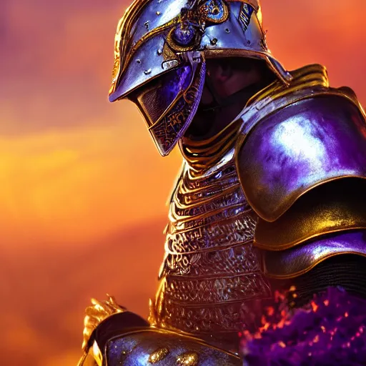 Image similar to a highly detailed knight with glowing purple eyes in a T golden helmet and a golden crown with a blue diamond in the center, golden armor, leather clothes under the armor, leather gloves, holds a black sword, artstation, DeviantArt, professional, octane render, sunset lighting