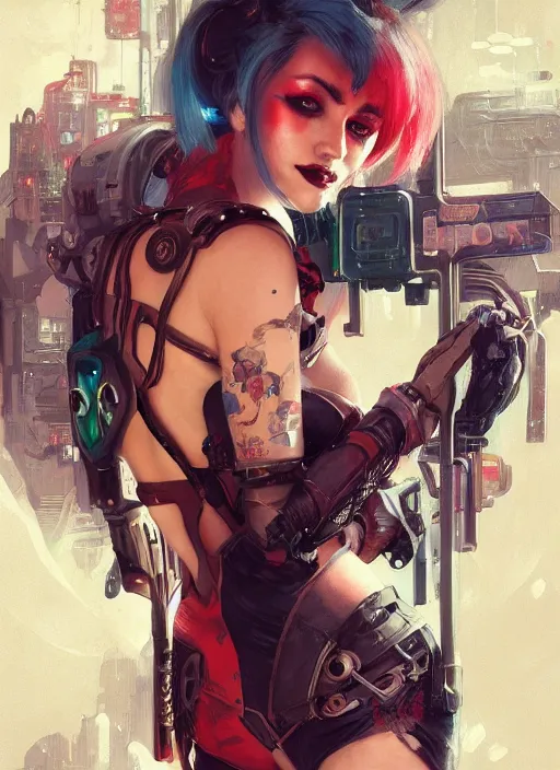 Prompt: a beautiful illustration of cyberpunk harley quinn with pointy ears, intricate, sharp focus, illustration, highly detailed, digital painting, concept art, matte, art by wlop and artgerm and greg rutkowski and alphonse mucha, masterpiece