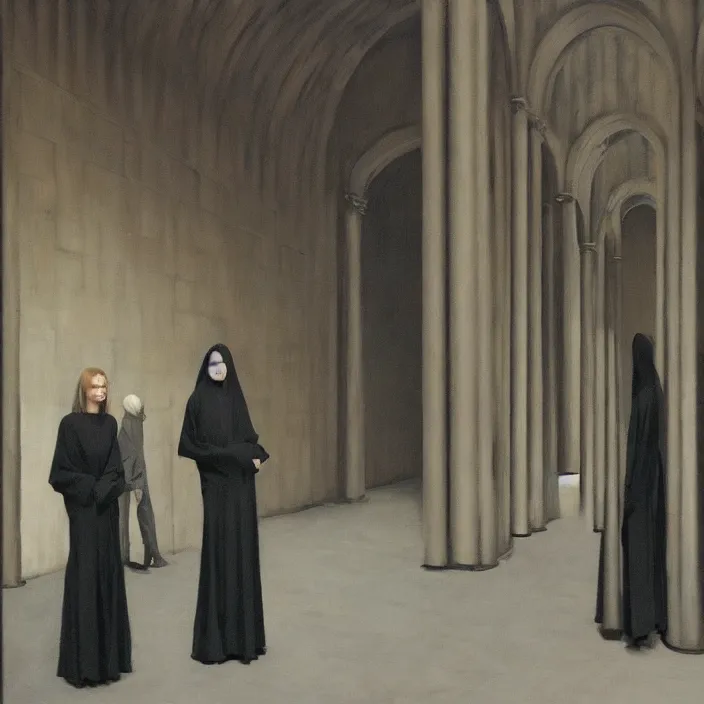 Prompt: woman in black robes, short skirt, in magnificent shopping mall, artstation, art by edward hopper, zdislav beksinski, wayne barlowe, edward hopper