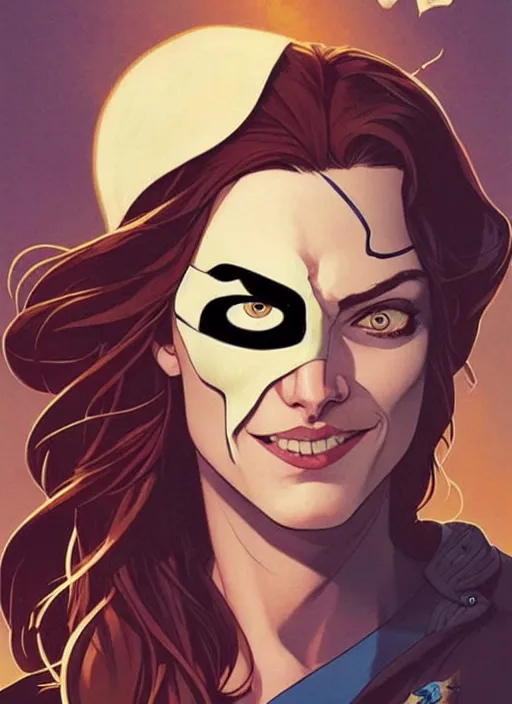 Prompt: Rafeal Albuquerque comic art, Joshua Middleton comic art, pretty female Phoebe Tonkin, pirate, black eye patch covering one eye, evil smile, symmetrical face, symmetrical eyes, pirate clothing, long wavy brown hair, full body::8 sunny weather::2 no long neck