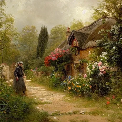 Image similar to Jean-Baptiste Monge and Solomon Joseph Solomon and Richard Schmid and Jeremy Lipking victorian genre painting portrait painting of an english country cottage with a stone path and flower garden