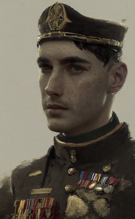 Prompt: Portrait of an army officer, male, detailed face, 19th century, victorian, highly detailed, cinematic lighting, digital art painting by greg rutkowski