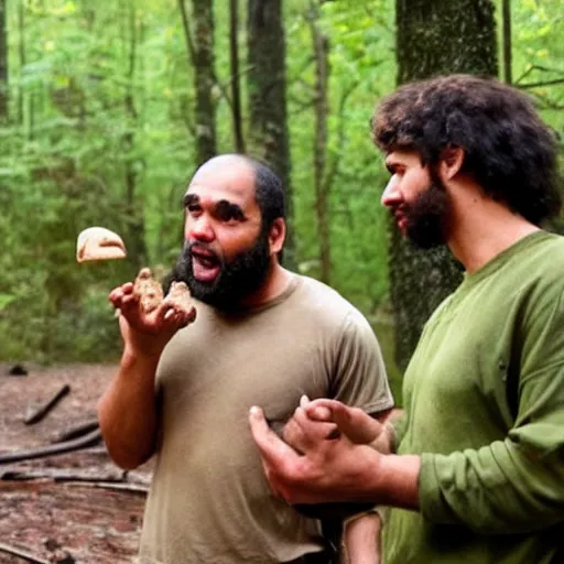 Image similar to one neanderthal saying bruh to another, holding a mushroom, both shocked