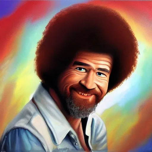 Image similar to A painting of Bob Ross in the style of Bob Ross