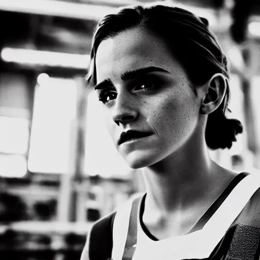 Image similar to photo, close up, emma watson in a hi vis vest, in warehouse, android cameraphone, film noise, 2 6 mm,