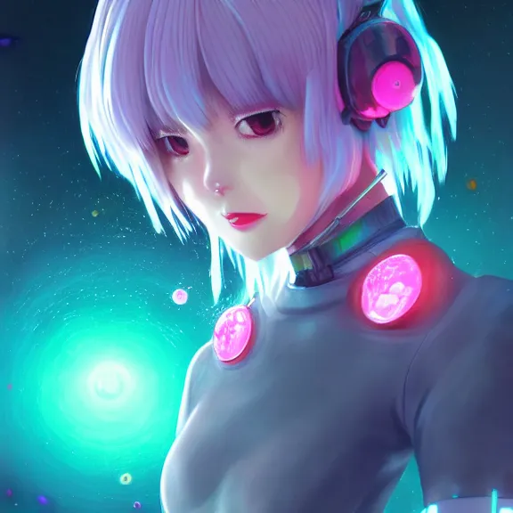 Image similar to rei ayanami, broken android kannon mindar, deep space, seascape, cosmos, psychedelic flowers, black opal, rainbow aura quartz, organic, oni compound artwork, of character, render, artstation, portrait, wizard, beeple, art, fantasy, epcot, psychedelic glitchcore