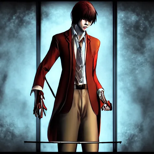 Prompt: Screenshot of Light Yagami in Dead By Daylight character selection screen