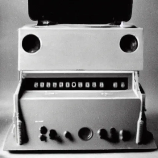 Image similar to Photograph of the first secret prototype computer. 1940s. Greyscale. Polaroid.