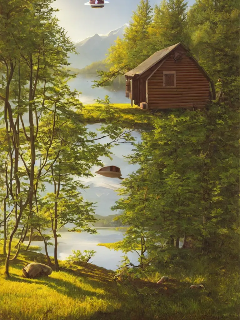 Prompt: an old wooden hikers shack in the woods next to a beautiful medium sized lake, early morning light, spring, ufo hovering in the sky retracting a cow from a field with an anti gravity beam, painting by kenton nelson