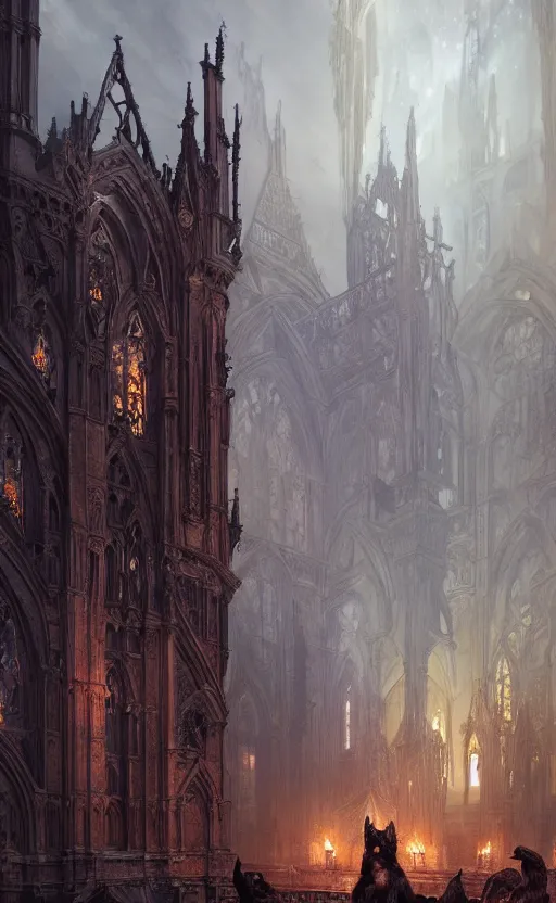 Image similar to scene, hellhounds guarding abandoned cathedral in hell, d & d, fantasy, intricate and very beautiful and highly detailed, elegant, digital painting, artstation, concept art, matte, smooth and sharp focus, illustration, art by tian zi and wlop and alsphonse mucha and artgerm and greg rutkowski