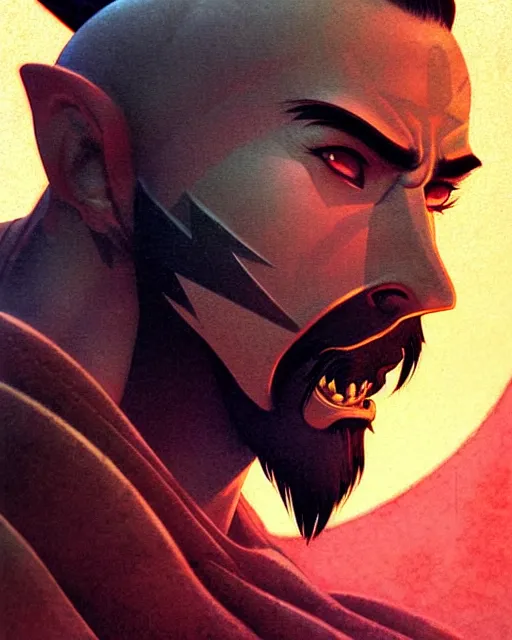 Image similar to hanzo from overwatch, character portrait, portrait, close up, concept art, intricate details, highly detailed, vintage sci - fi poster, retro future, vintage sci - fi art, in the style of chris foss, rodger dean, moebius, michael whelan, katsuhiro otomo, and gustave dore