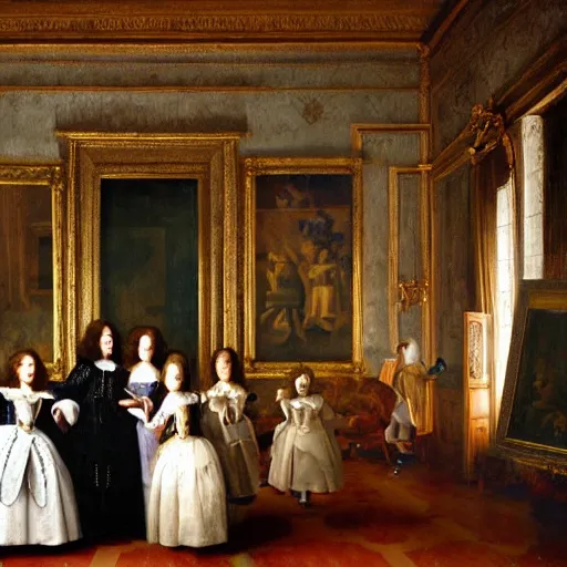 Prompt: family portrait in the main room of the castle painted in 1 6 5 6, dark room, one point of light coming through one big window inspired by las meninas, spaces between subjects and good detail and realistic face form for each person in the canva, inspired by diego velasquez better quiality