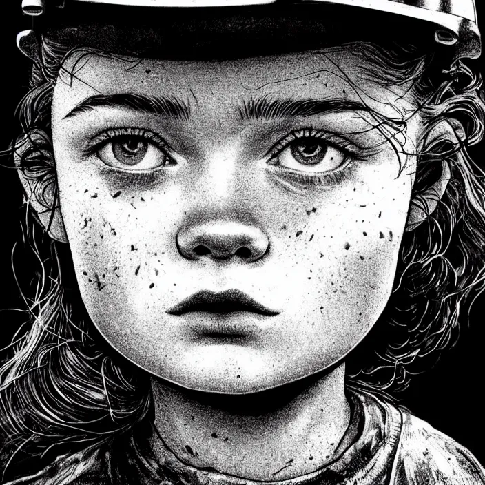 Prompt: extreme close - up on sadie sink as a miner who raises stale bread. background : black tiles on walls. black and white, pencil and ink. by gabriel hardman, joe alves, chris bonura. cinematic atmosphere, detailed and intricate, perfect anatomy