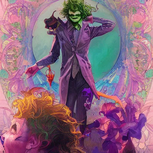 Image similar to the joker mad with laughter, epic scene dreaming acid - fueled hallucinations, psychedelic high detail, digital art, illustration, realistic award, disney concept art watercolor illustration by mandy jurgens and alphonse mucha and alena aenami