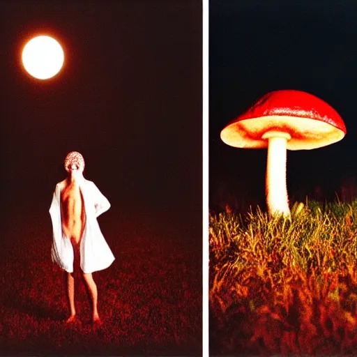 Prompt: photograph taken by a rolleiflex tlr, 1 2 0 mm, portrait, a human face morphing into an amanita muscaria mushroom, shot by ryan mcginley, moon in sky, night time