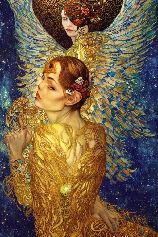 Image similar to Visions of Paradise by Karol Bak, Jean Deville, Gustav Klimt, and Vincent Van Gogh, visionary, otherworldly, celestial, fractal structures, infinite angel wings, ornate gilded medieval icon, third eye, spirals, heavenly spiraling clouds with godrays, airy colors