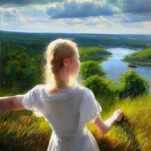 Image similar to blonde woman watching over the swedish countryside, archipelago, masterpiece, highly detailed, beautiful, atmospheric, impressionism, painting by Vladimir Volegov