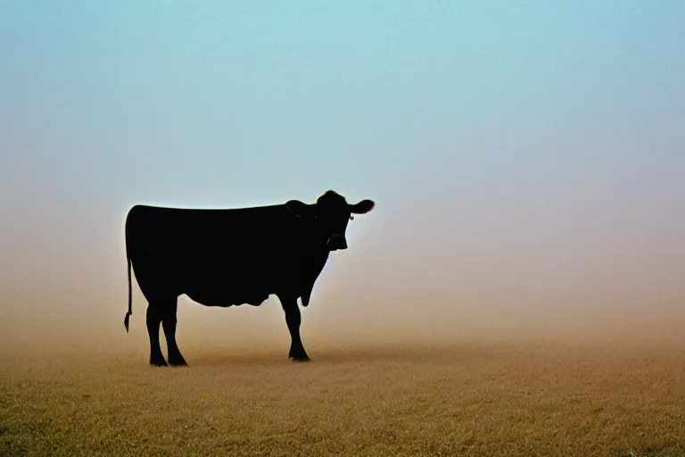 Image similar to film photography, straight colors, minimalism, cow in the blue fog, 35mm