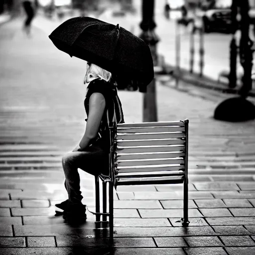 Prompt: black and white fashion photograph, highly detailed portrait of a depressed white drug dealer sitting on a bench on a busy Paris street, looking into camera, eye contact, natural light, rain, mist, lomo, fashion photography, film grain, soft vignette, sigma 85mm f/1.4 1/10 sec shutter