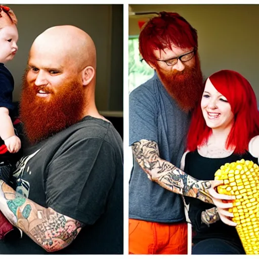 Prompt: photo of a slender attractive couple. The woman has long straight red orange hair. The man has a dark thick neatly groomed beard and tattoos. She is holding a giant corn and a cute baby. He is cutting her hair.