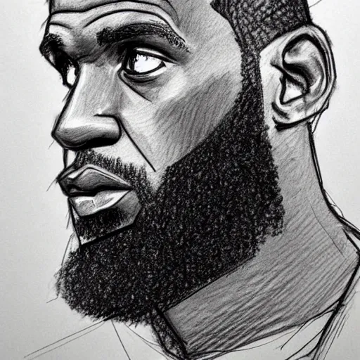Image similar to a realistic yet scraggly portrait sketch of the side profile of a stern and sophisticated lebron james, trending on artstation, intricate details, in the style of frank auerbach, in the style of sergio aragones, in the style of martin ansin, in the style of david aja, in the style of mattias adolfsson