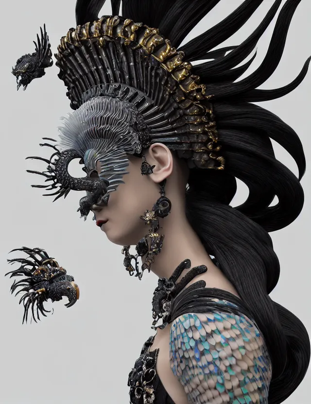 Image similar to 3 d goddess close - up profile simple portrait baroque queen with mohawk with ram skull. beautiful intricately detailed japanese crow kitsune mask and clasical japanese kimono. betta fish, jellyfish phoenix, bio luminescent, plasma, ice, water, wind, creature, artwork by tooth wu and wlop and beeple and greg rutkowski