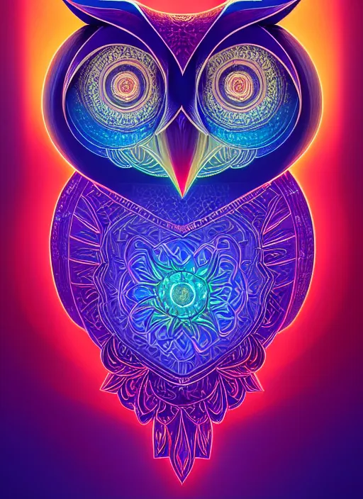 Image similar to symmetry!! product render poster vivid colors divine proportion owl, 神 圣, glowing fog intricate, elegant, highly detailed, digital painting, artstation, concept art, smooth, sharp focus, illustration,