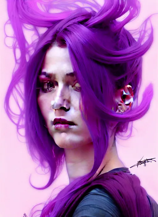 Image similar to Purple hair relistic Portrait of woman with bright colored hair, all shades of purple. Beauty face, Hair coloring, fantasy, intricate, elegant, highly detailed, digital painting, artstation, concept art, smooth, sharp focus, illustration, art by artgerm and greg rutkowski and alphonse mucha