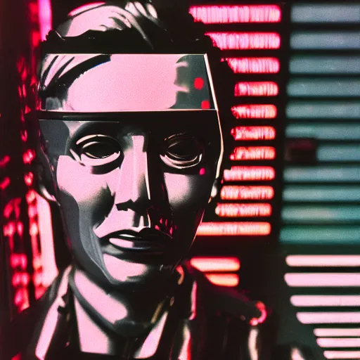 Prompt: a robot with the face of andy warhol, cyberpunk photo, award winning portrait, uncanny valley, dramatic lighting, detailed face, sharp focus, cinestill 8 0 0 t