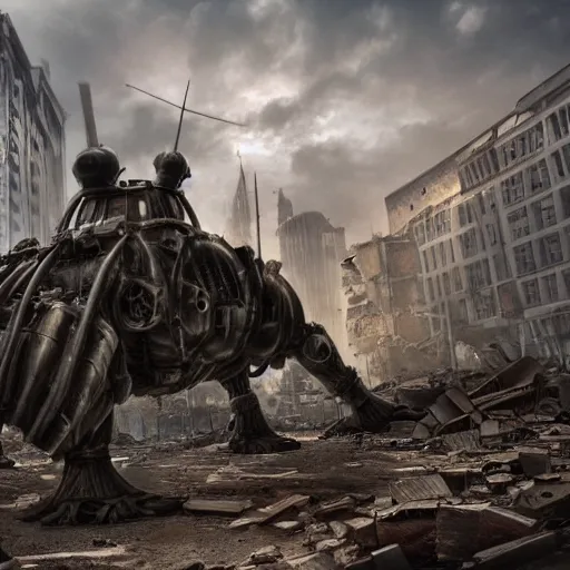 Image similar to giant dieselpunk ant in a destroyed city, 8 k, moody lighting, shallow depth of field,