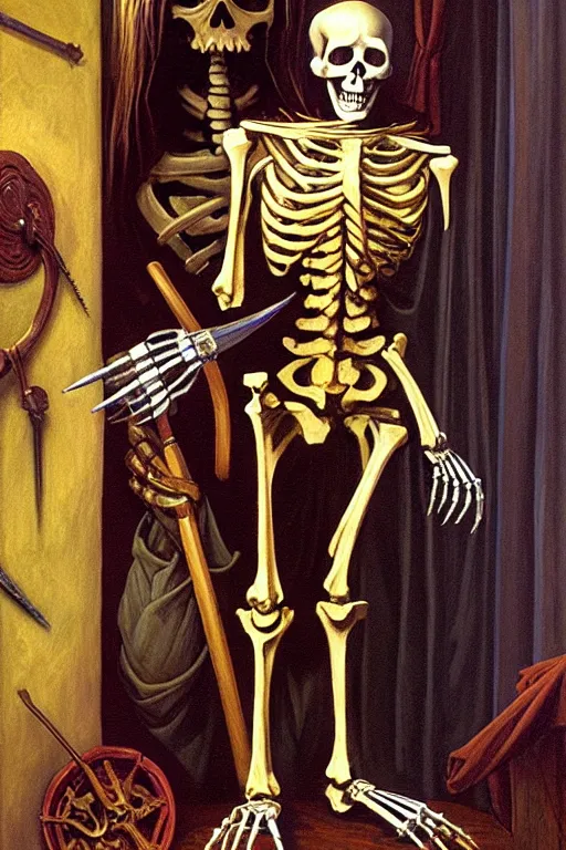 Prompt: classic oil painting, a medieval fantasy skeleton, as a dnd character, inside a cluttered bathroom, cottagecore, highly detailed, digital illustration, concept art, smooth, sharp focus, art by tim hildebrandt, and sandro botticelli