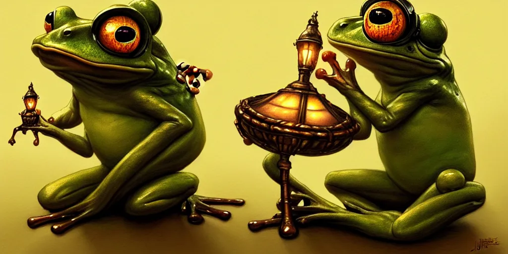 Prompt: a frog holding a lamp by justin gerard, concept art, creature design