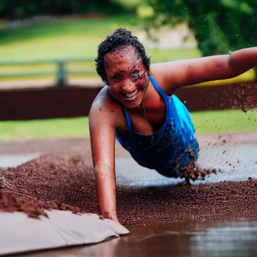 Image similar to adult sliding down chocolate pudding slip n slide head first, professional photo taken at the park