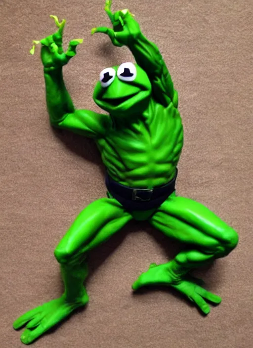 Image similar to Kermit the frog dressed as hulk”, detailed