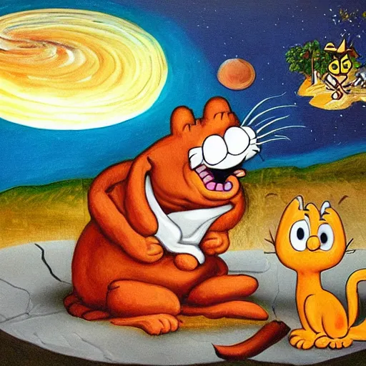 Prompt: creation of adam painting with garfield the cat and lasagna