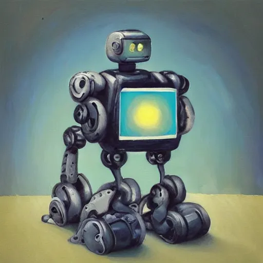 Prompt: “an exhausted robot trying to paint too many pictures at once”