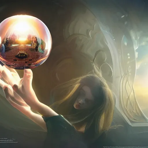 Image similar to crystal ball with a dreamscape inside, product studio photography, super highly detailed, professional digital painting, artstation, concept art, smooth, sharp focus, extreme illustration, unreal engine 5, photorealism, beautiful, cinematic, art by artgerm and rutkowski and alphonse mucha and loish and wlop