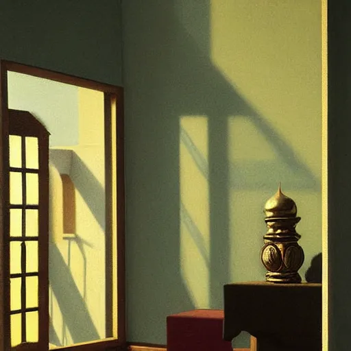 Image similar to still life painting of a room with a balcony. in the center lays an ancient holy artifact, shaped like torus ring, chromed and ornate with gentle iridescent shine from within. the ring lays on top of a pedestal. perspective from the side. realistic light and shadows. moody fantasy art, still life renaissance pastel painting. in the style of vermeer