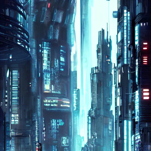 Image similar to Fully dark cyberpunk city with one building in the middle with only one window shining in style of Tsutomu Nihei. ArtStation, Cyberpunk, Vertical Symmetry, 8K, Highly Detailed, Intricate, Album Art.